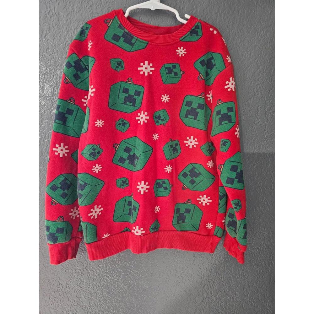 Boy's Minecraft Pullover Sweatshirt Christmas Snowflakes Creeper Size Medium Red